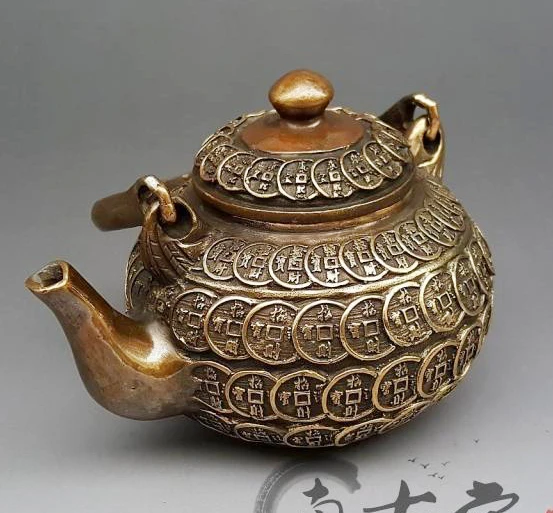 

TOP collection # Home OFFICE Decor art - good Vintage CHINA MONEY DRAWING sculpture ART bronze teapot mini pot -FREE SHIPPING