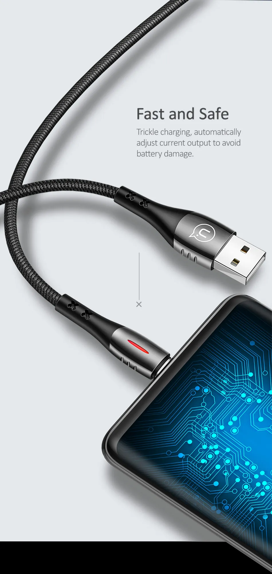 USAMS Автоматическое отключение питания USB кабель type-C Быстрая зарядка QC3.0 нейлоновый плетеный кабель светодиодный светильник для USB C кабель Смарт зарядное устройство кабель