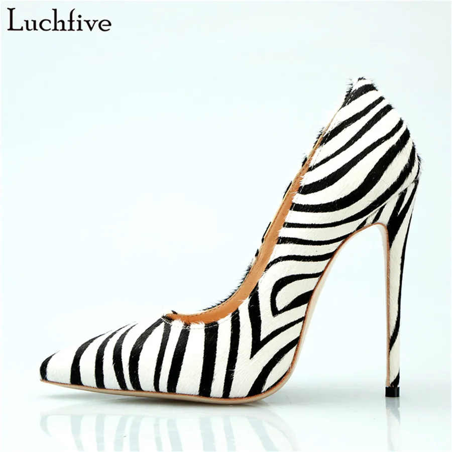 

Luchfive Horsehair Zebra Pattern Pumps Women Spring Leopard Slip-On Sheepskin Super High Heels Runway Office Party Stilettos