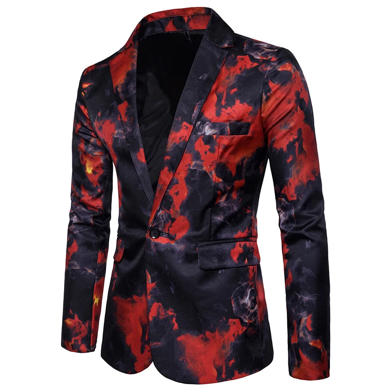 

New style men's tops fashion suit single row of a button Burning fire print pattern Behind the middle fork casual suits S-XXXL