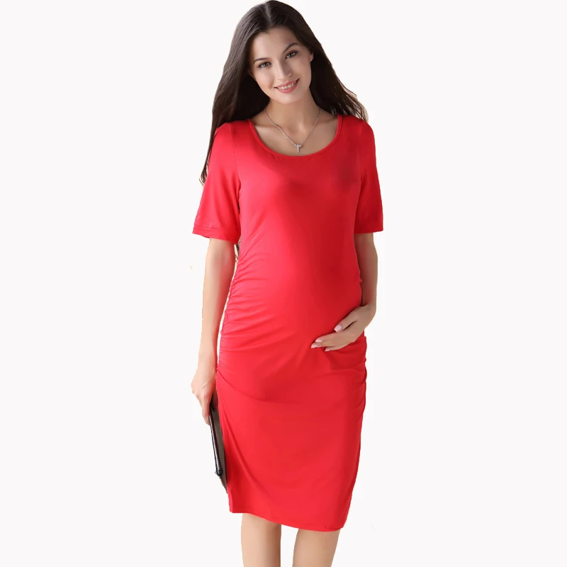 Summer Lycra Maternity Dresses Clothes for Pregnant Women O Neck Knee
