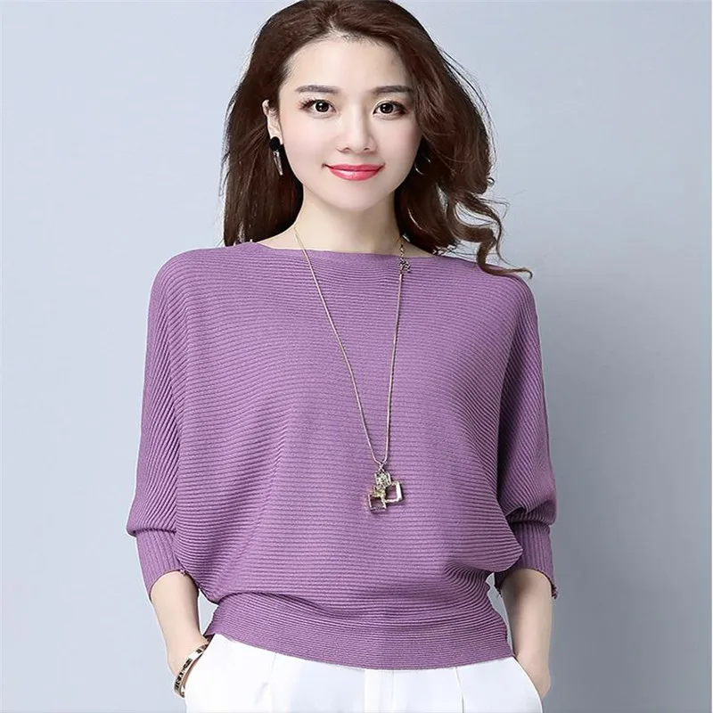 Woman Spring Plus Size Slash Neck Short Three Quarter Batwing Sleeve Solid Thin Sweater Female Fall Summer Hedging Loose Sweater Woman Spring Plus Size Slash Neck Short Three Quarter Batwing Sleeve Solid Thin Sweater Female Fall Summer Hedging Loose Sweater