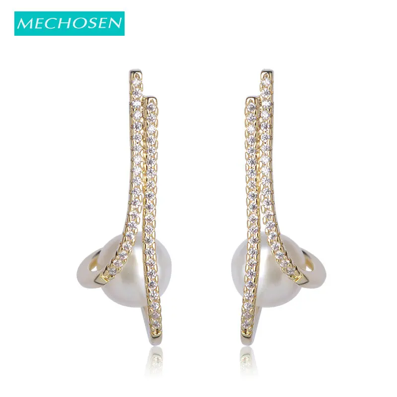 

MECHOSEN European US Classic Natural Freshwater Pearl Drop Earrings Cubic Zirconia Gold Color Luxury Celebrity Accessories groot