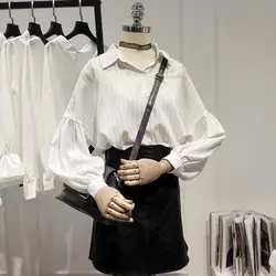 Осень 2019 г. Новый Полосатый для женщин блузка фонари рукавами свободные офисные женские туфли элегантные белые рубашки топы корректирующи