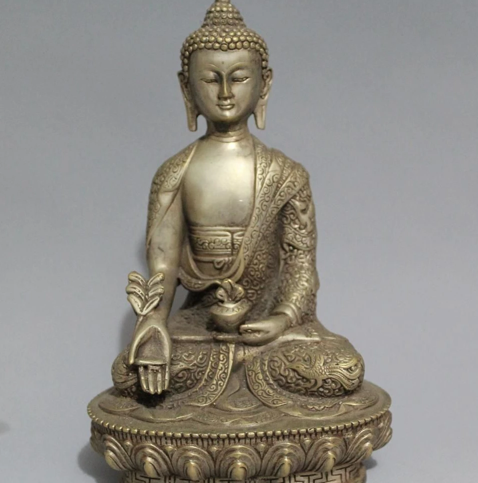 

8" Folk Chinese Silver Buddhism Shakyamuni Sakyamuni Bowl Lotus Buddha Statue