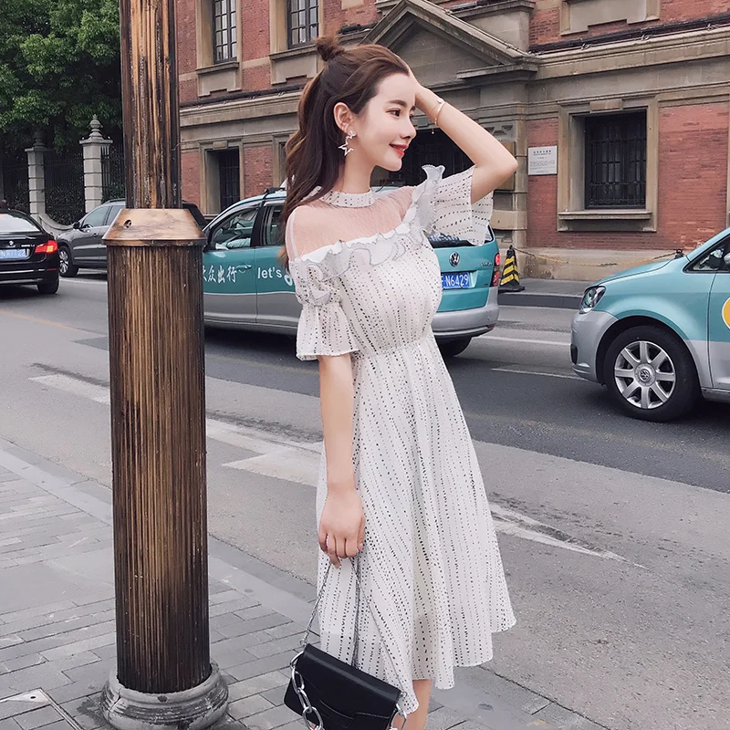 EAD Elegant Transparent Mesh Sexy Chiffon Dress Vintage Dot O Neck Ruffle Women Midi Dresses Ladies High Waist Summer Sundress EAD Elegant Transparent Mesh Sexy Chiffon Dress Vintage Dot O Neck Ruffle Women Midi Dresses Ladies High Waist Summer Sundress