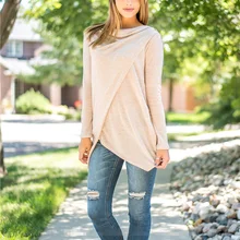 Dsvaenhd, осенняя женская футболка, ассиметричный воротник, повседневный Свободный Топ, рубашки, уличная Базовая рубашка, одноцветная, размера плюс