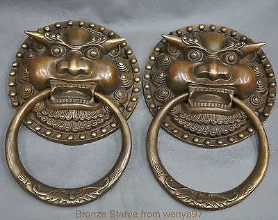 

2PCS 8" Chinese Fengshui Bronze Foo Dog Tiger Door Holder Gate Knockers one Pair Garden Decoration 100% real Brass Bronze
