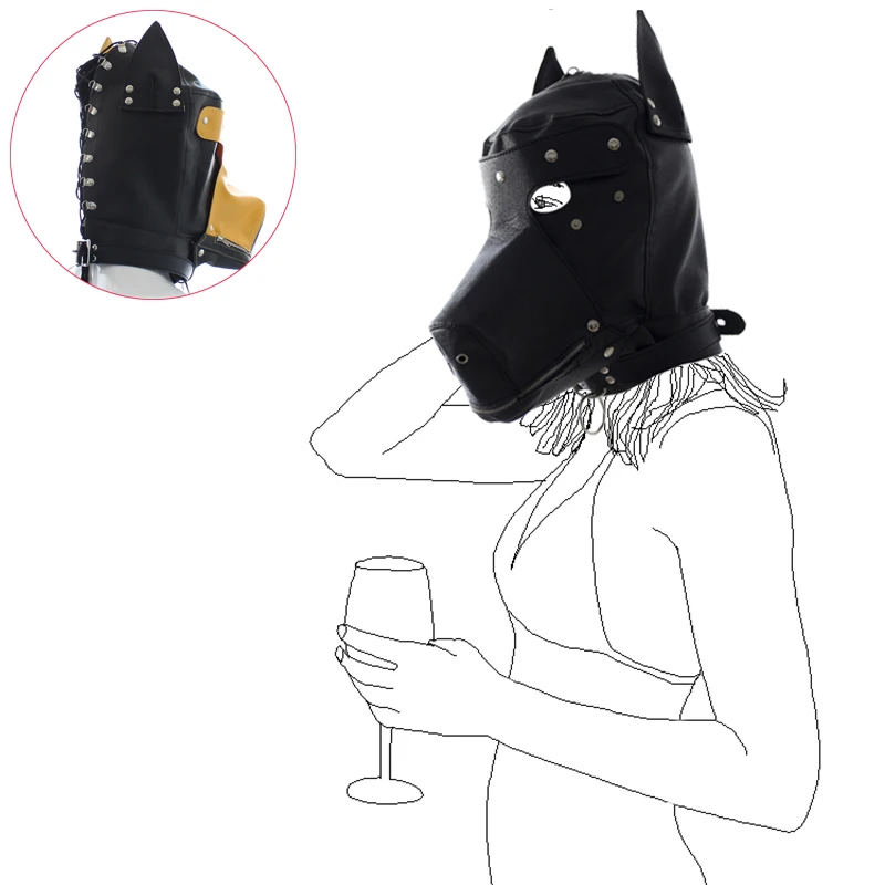 PU Leather Dog Puppy Hood Mask Cosplay Headgear Mouth Gag Costume Full Mask New