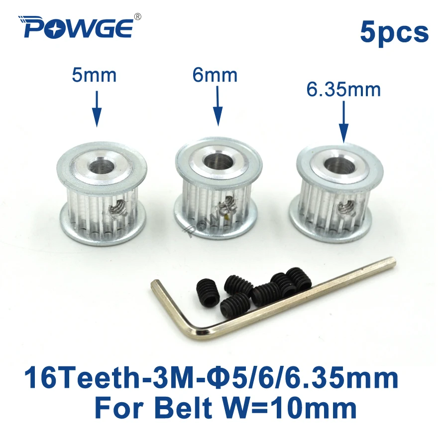 

POWGE 16 Teeth HTD 3M Synchronous Pulley Bore 4mm 5mm 6mm 6.35mm for Width 10mm 3M Timing belt HTD3M pulley 16T 16Teeth 5pcs