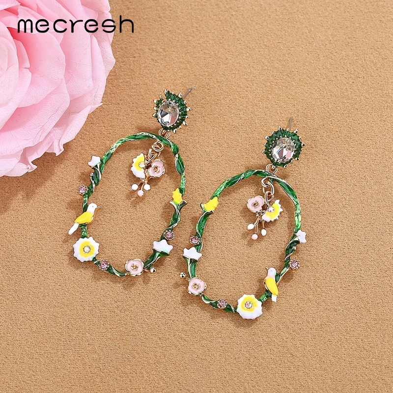 

Mecresh Romantic Wreath Green Branch Dangle Drop Earrings for Girl Bohemian Cute Flower Bird Round Circle Women Earrings MEH1462