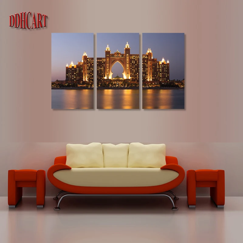 Night Beautiful Buildings in Dubai 3 Piece Canvas Print Painting Wall