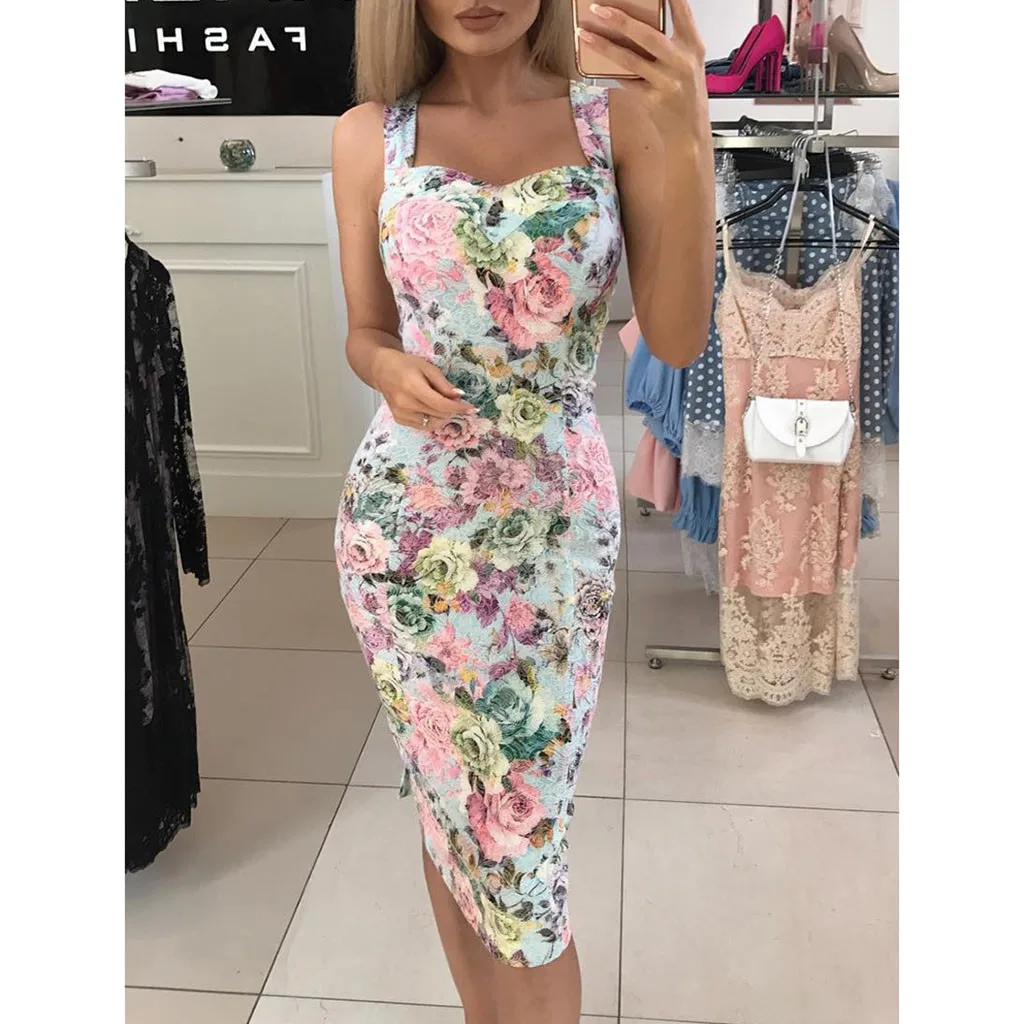 

Vestidos 2019 Women's Dresses Spring Summer Dress Womens Summer Print Color Block Sleeveless Dress A-Line Maxi Mini Sundress