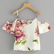Новая мода T рубашка, шифоновая рубашка Для женщин Летняя с цветочным принтом с открытыми плечами Футболки-топы Harajuku с v-образным вырезом blusas футболка