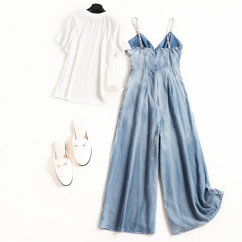 Shuchan Fashion 2019 2 Piece Set Women Cotton White T-shirt+denim Rompers Conjunto Feminino Womens Sets High Quality 50527 Shuchan Fashion 2019 2 Piece Set Women Cotton White T-shirt+denim Rompers Conjunto Feminino Womens Sets High Quality 50527