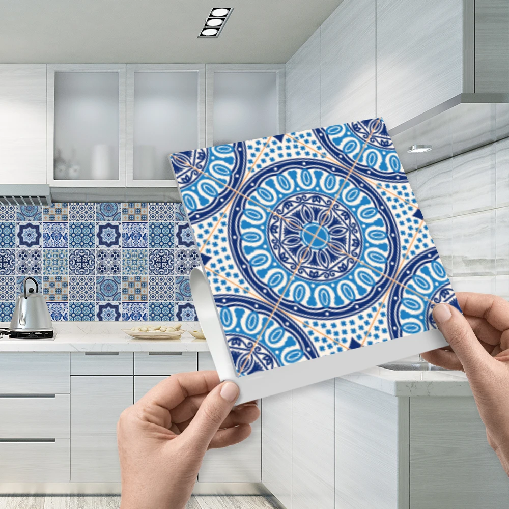 

Funlife Self -Adhesive Blue and White Porcelain Wall Art Waterproof Tile Stickers Kitchen Bathroom Furniture Decoration TS010