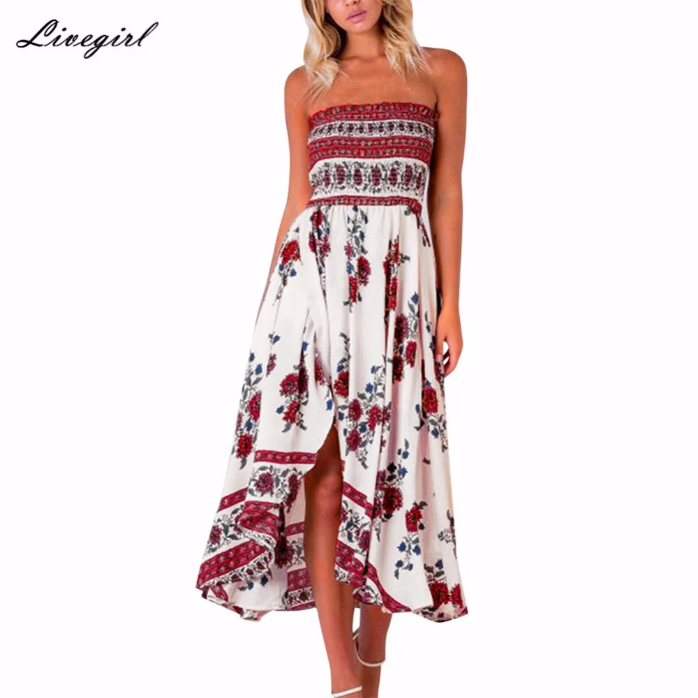 Boho Summer Dress Women Chiffon Dress Floral Print Sleeveless Split