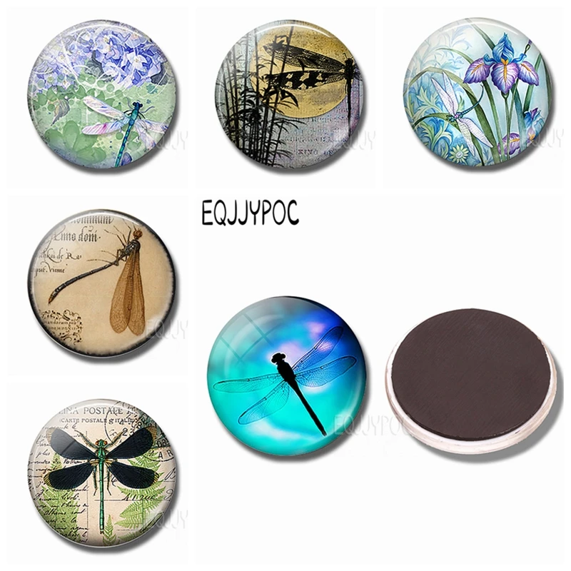 

Dragonfly 30MM Fridge Magnets Glass Decorative Refrigerator Magnet Fridge Memo Magnetic Stickers Note Lovely Animals Home Decor