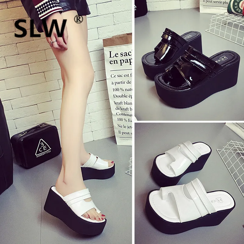 

platform Beach slipper women Slip-On Slides Square heel wedge Wedges Fabric summer Casual Low beach flip flops heels sandals
