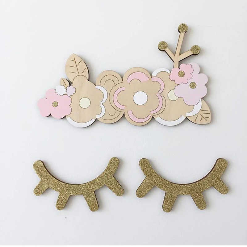 

2pcs Cartoon 3D Wooden Eyelash Wall Stickers Gold/Black/Silver DIY Wood Cute Closed Eye Eyelashes Stickers Kids Room Decoration