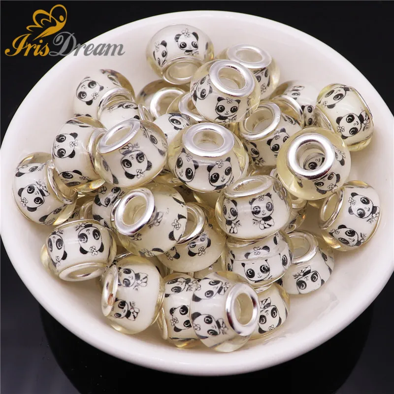 

50Pcs Silver Color Panda Large Hole Round Murano Spacer European Beads fit Pandora Bracelet for Women Girls Jewelry Making DIY