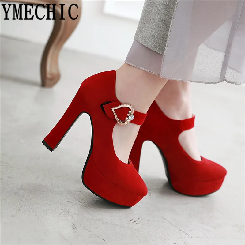 

YMECHIC 2019 Spring Womens Mary Jane Shoes Platform High Heels Red Black Office Party Woman Shoes High Heel Pumps Plus Size 43