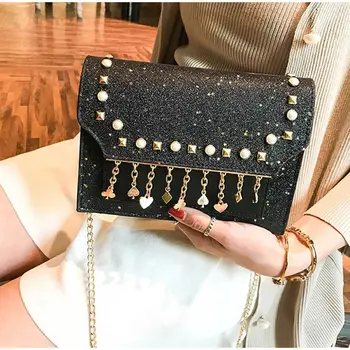 

Women Bling Shoulder Bag Metal Chain Pack Female Clutch Luxury Pearl Fashion Messenger Bags Ladies Cross body Bag Handbag Purse