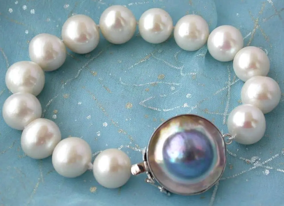 

Z2338 8" 14mm round white freshwater pearl bracelet silver mabe
