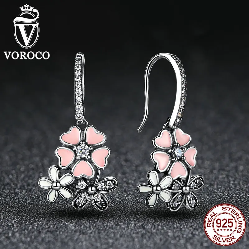 VOROCO 100 925 Sterling Silver Pink Flower Poetic Daisy Cherry Blossom Stud Earrings with Pearl Back