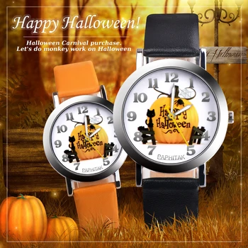 

DHL free 100pc,Brand PAPHITAK Halloween Pumpkin Feature Design Leather Watch Quartz Wristwatch HalLoween Accessory for Party