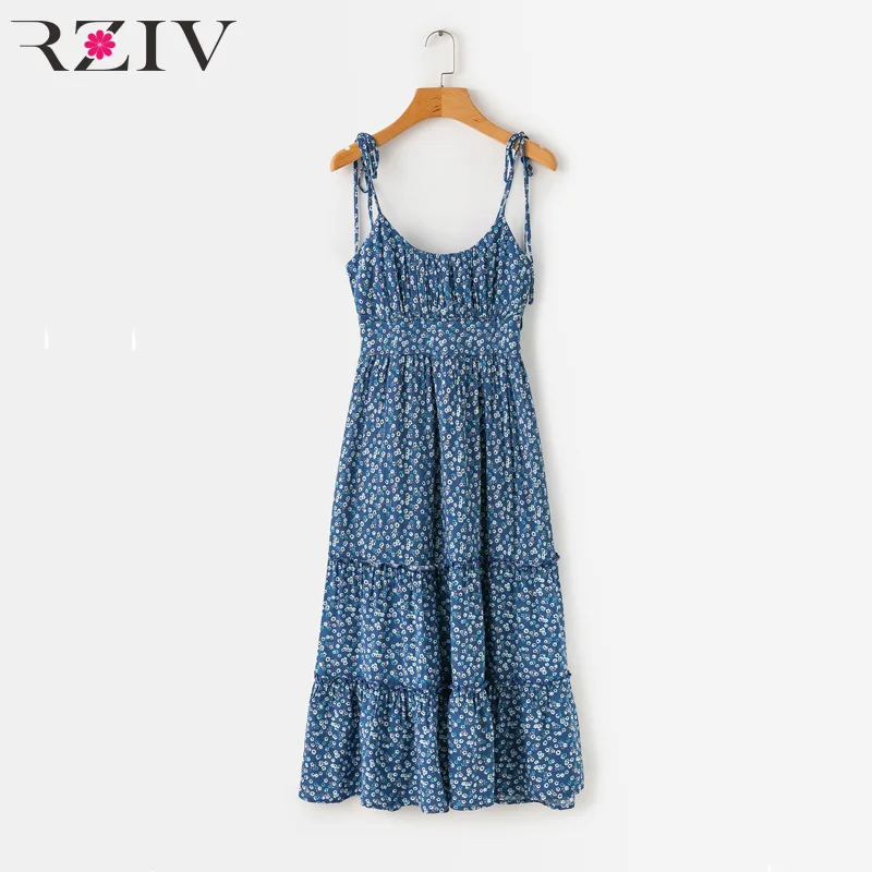 RZIV الصيف المرأة اللباس عارضة زهرة طباعة تكدرت الزخرفية فستان بحزام
