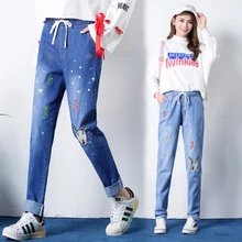 Новинка года; сезон осень; джинсовые брюки с вышивкой в виде снежинок и звезд для девочек; женские модные хлопковые свободные штаны-шаровары с эластичным поясом и милым лосем