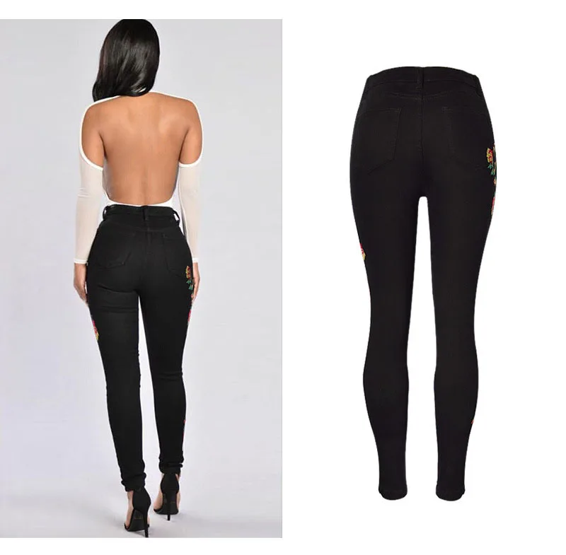 2017 European and American women hot high waist Slim stretch front and rear side cross embroidery roses cowboy pants pants pants (6)