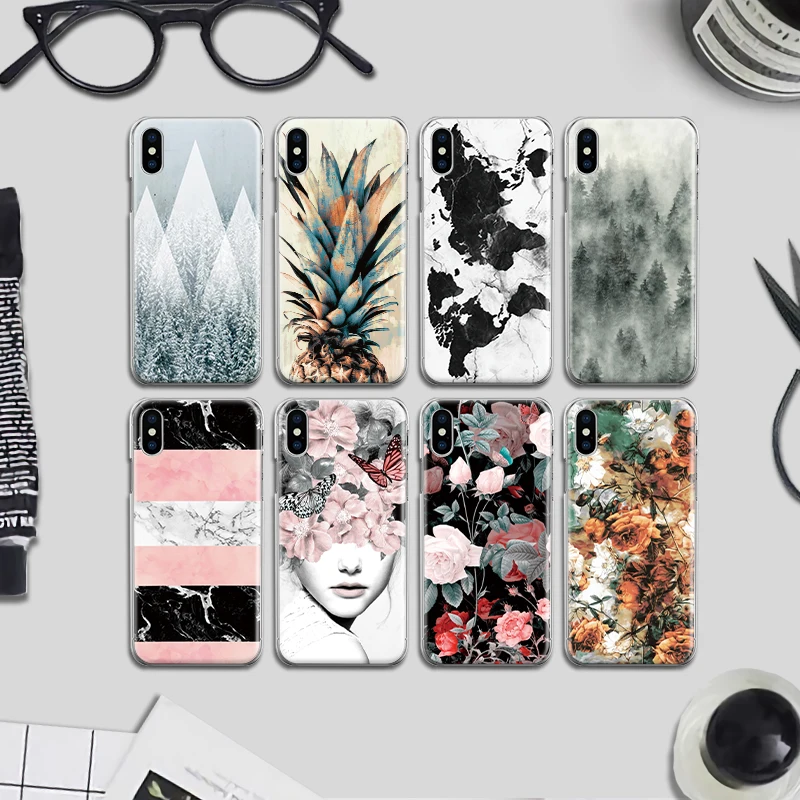 

Plastic Back Cover Artistic Snow Forest Pineapple Flower Pink Girl Marble Pattern Phone Case for iPhone XS Max 6 6S 7 8 Plus