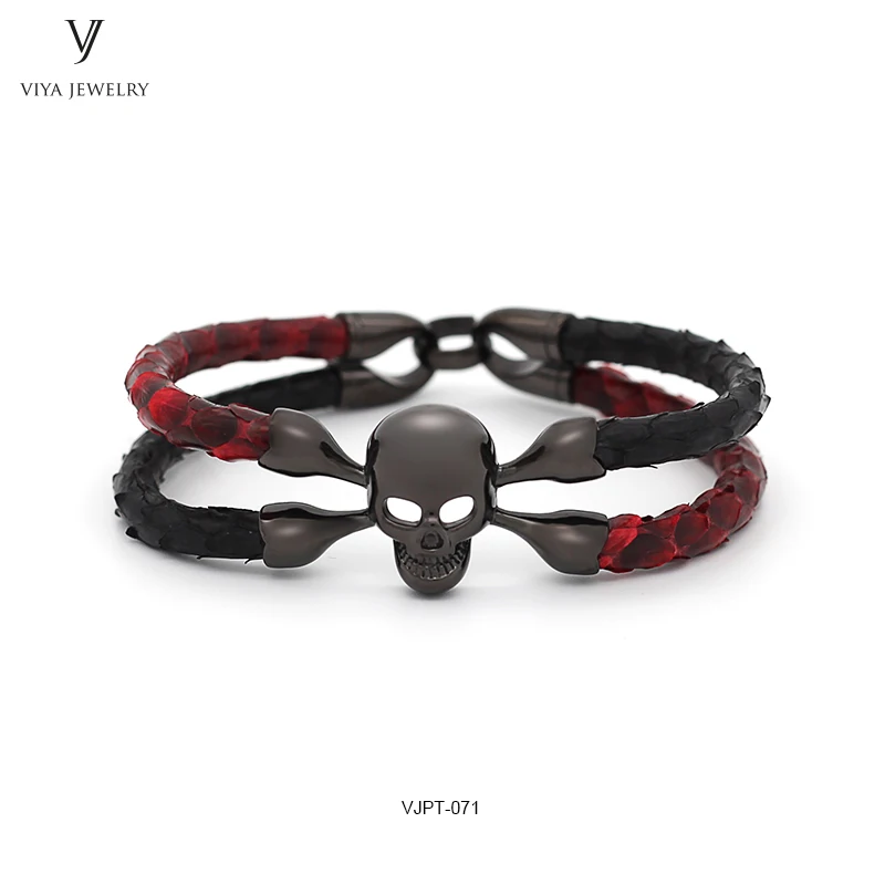 

High Quality Stingray/Python Skull Men Bracelet Black & Glossy Python Leather With Black-Color Stainless Steel Skull Bracelet