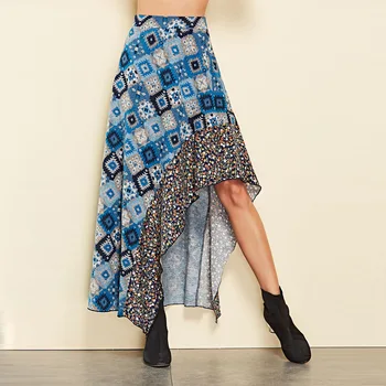 

Sweet Streetwear Style Geometric Floral Print Tulle Skirt Ruffle Irregular Skirt High Waist Long Maxi Loose Skirt Free Shipping