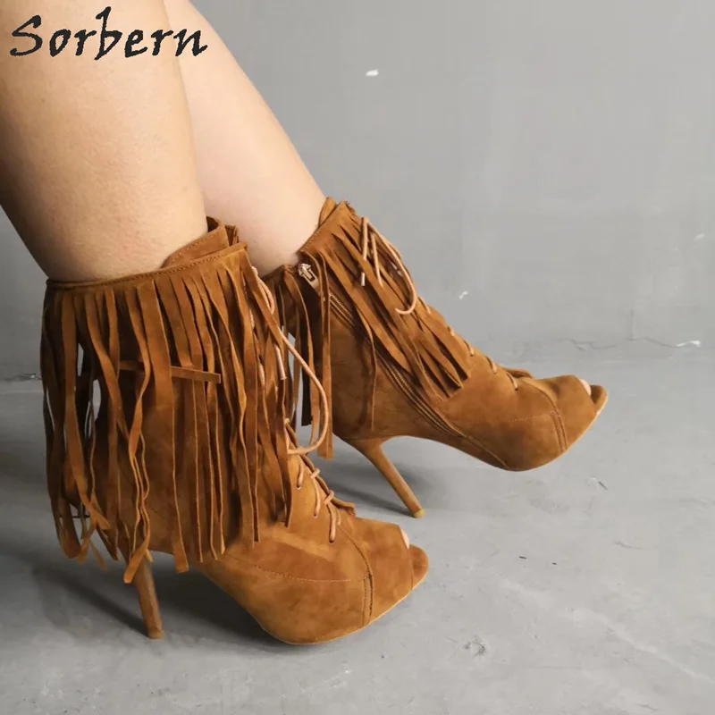 

Sorbern Ankle Boots For Women Peep Toe Lace Up Tassel Botas Mujer 2019 Luxury Boots For Ladies Big Size Shoes Woman Boot