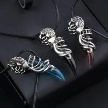Men Antique Silver Tribal Stark Wolf Fang Tooth Pendant Necklace, Vintage Wolf Tooth Dragon Alloy Pendant jewelery Hot Selling