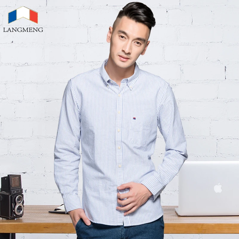 LANGMENG 2018 جديد وصول طويلة الأكمام الرجال قمصان القطن اللباس الرسمي قميص الذكور الأزياء سليم صالح مخطط عارضة قميص الرجال