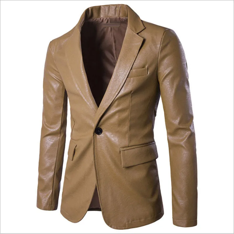 Новинка PU кожа блейзер Для мужчин Slim Fit одной кнопки кожаная куртка модная
