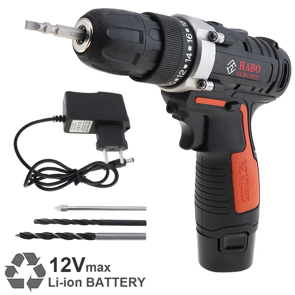 Cordless 12V Electric Drill / Screwdriver with Li ion Battery and Two