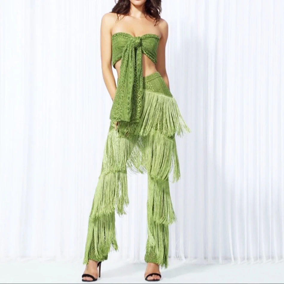 

Amily.c 2018 New Summer Women Pants Sexy Bodycon Two Piece Zipper Pant Tassel Club Celebrity Party Black Green Pants Vestidos
