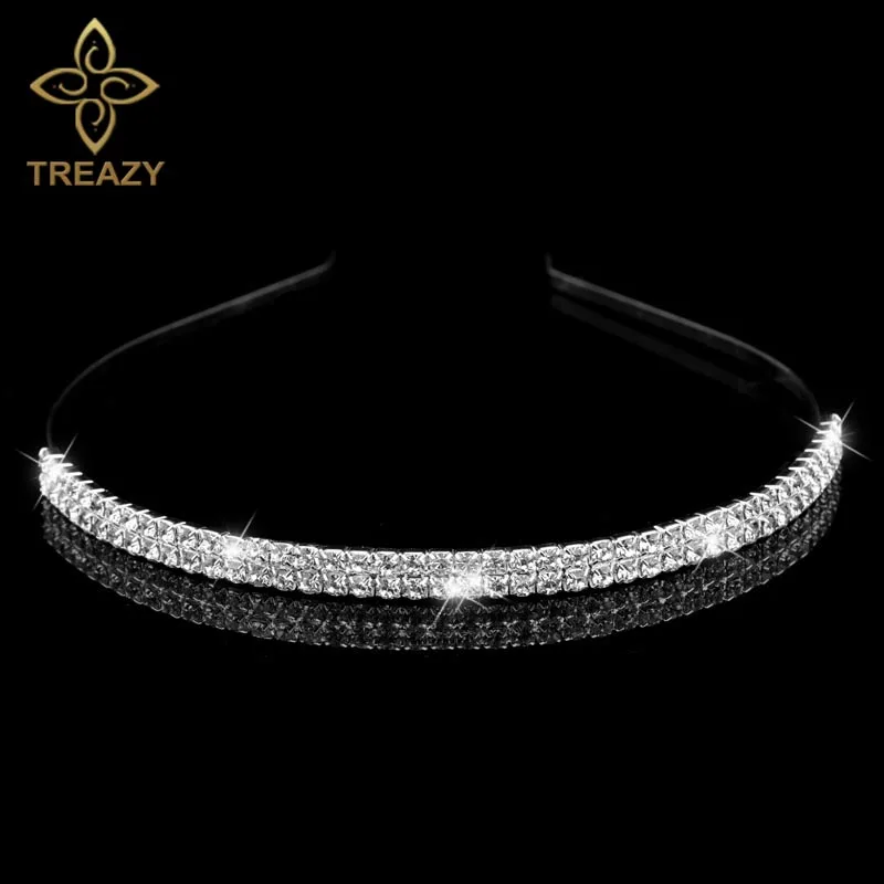 

TREAZY Brides Flower Girls 2 Rows Rhinestone Hairband Diamante Silver Color Crystal Wedding Prom Tiara Women Hair Accessories