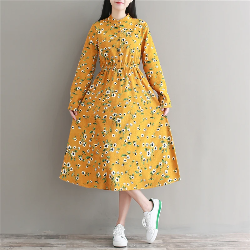 

Lady Blue,Yellow Flower Vintage Dress Autumn Winter Women Long Sleeve Floral Print Long Corduroy Dresses M-XXL