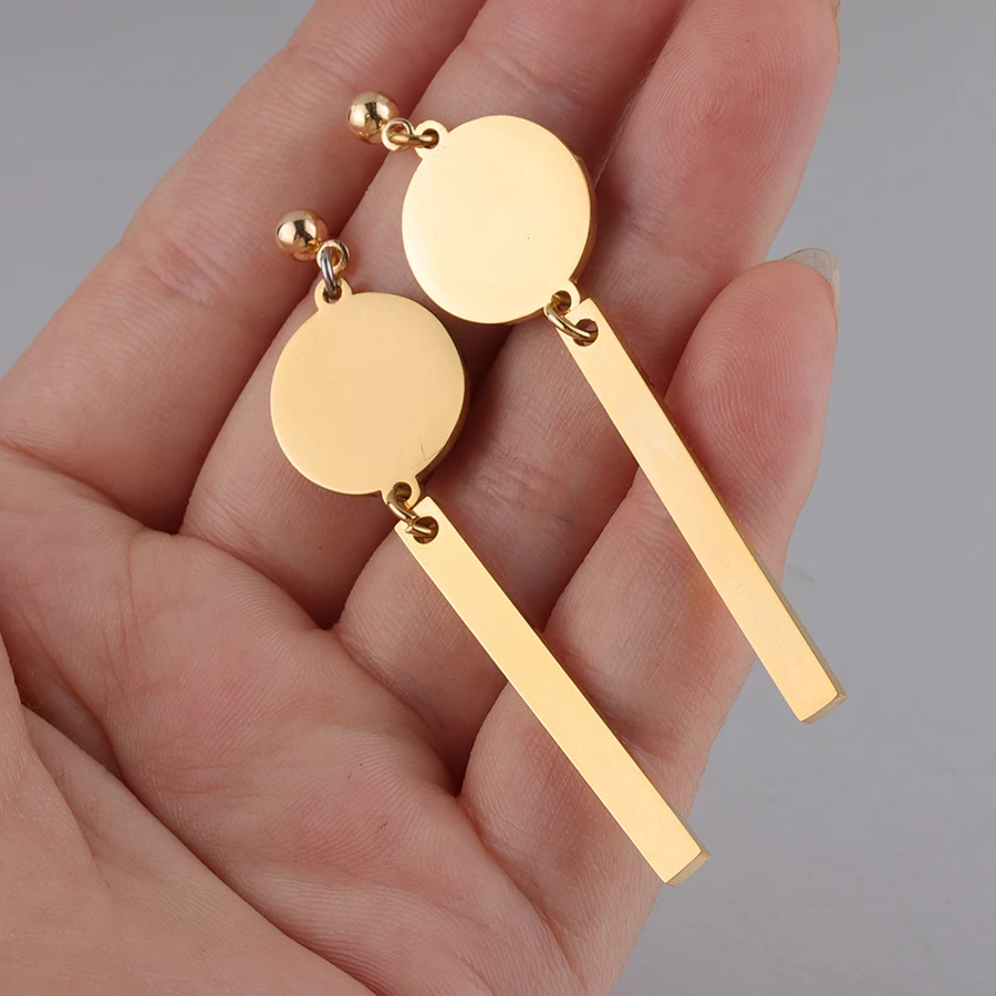 

Fnixtar Mirror Polished Stainless Steel Small Round Plate Earrings Trendy Simple Tassel Stick Drop Earring 5pairs/lot