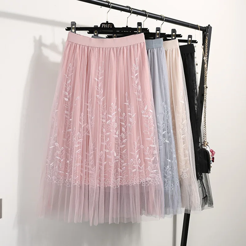 Лидер продаж Цветочная вышивка тюль длинная Плиссированная юбка Новая женская Высококачественная А-образная кружевная сетчатая юбка летняя юбка