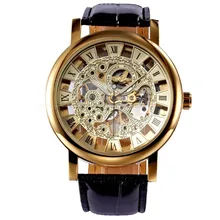 Luxury Retro Gold Skeleton Roman Dial Stainless Steel Relogio Leather Strap Hand-Winding Mechanical Men Casual Watch / PMW217