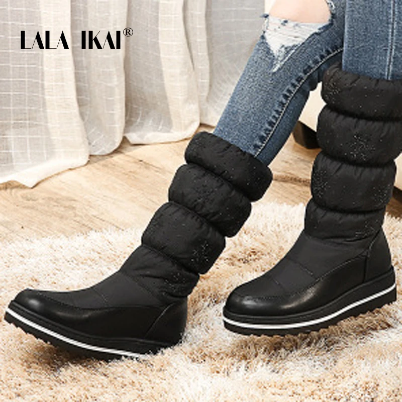 

LALA IKAI Women Snow Boots Winter Mid-Calf Thick Velvet Rhinestone Boots Fleeces Slip-On Platform Solid Plus Size 014A2479 -4