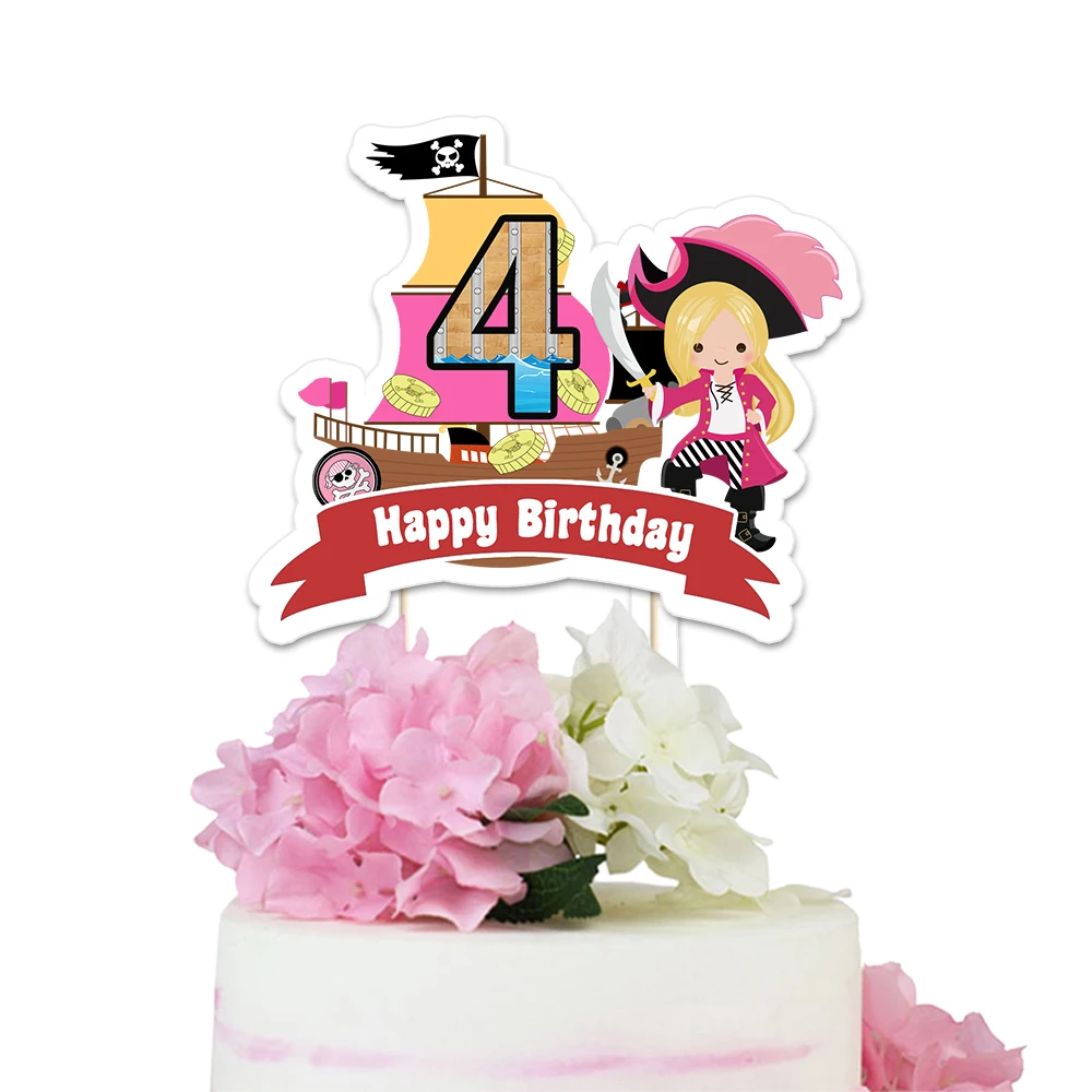 happy birthday 4 Пиратская девочка тематические праздничные бумажные торт Топпер счастливый день рождения, детский душ королева океана украшения на заказ персонализированные торт Топпер - Цвет: happy birthday 4