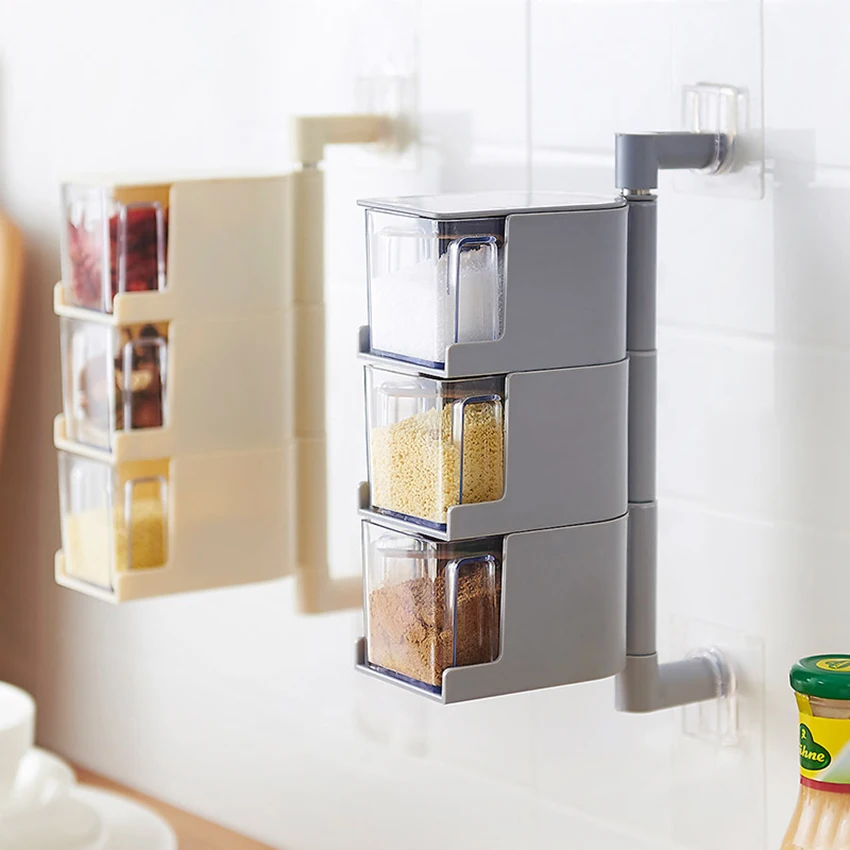 

Vintage Clear Acrylic Rotatable Kitchen Spice Storage Container Rack Wall Plastic Transparent Set Spice Jar For Spice